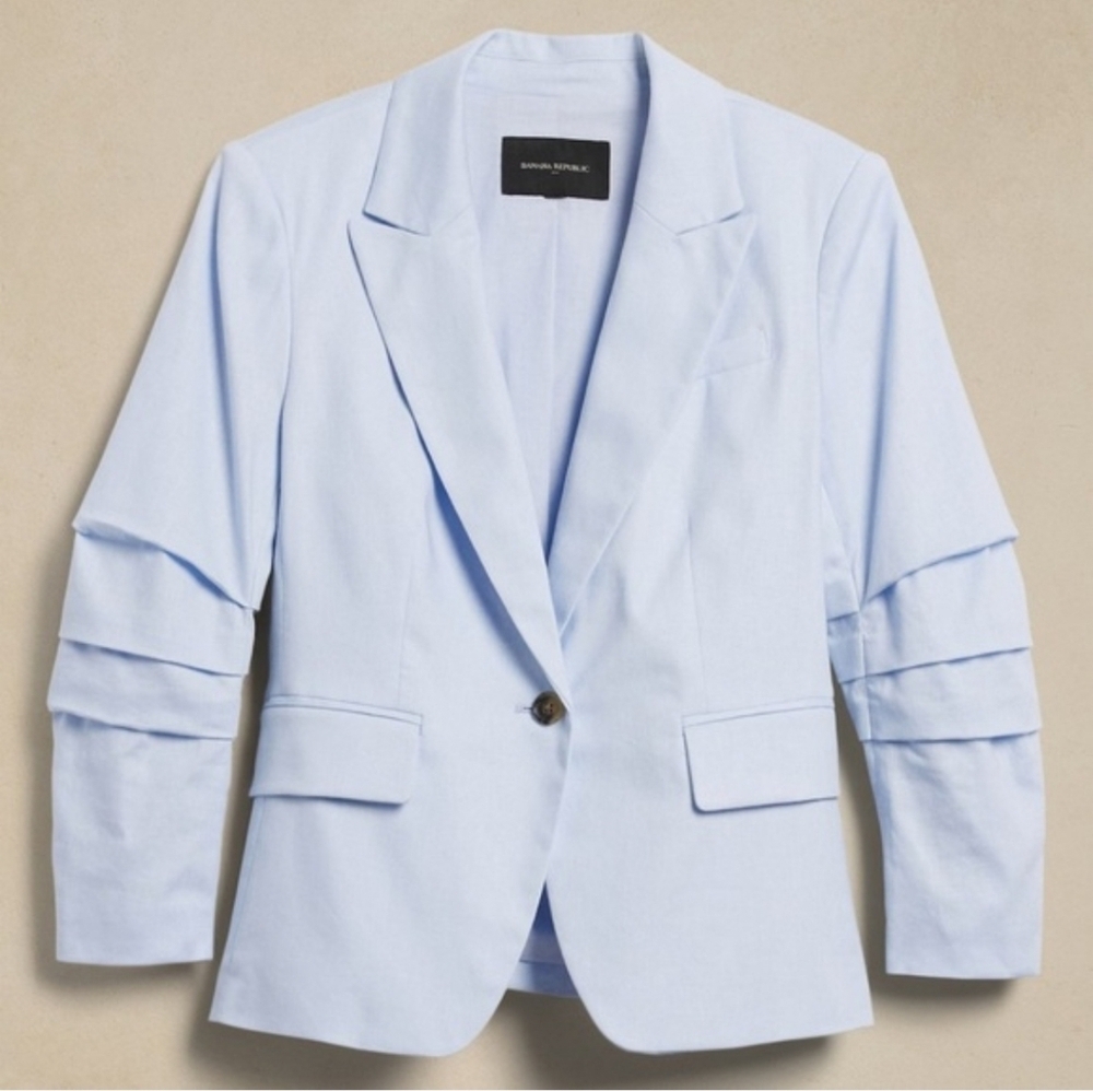 NWOT Banana Republic Linen-Blend Ruched-Sleeve Blazer In Blue Meditation Size 10 - Picture 12 of 14